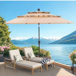 10 FT Patio Umbrella, 3 Tier Push Button Tilt, 1.5" Pole, Champagne (No Base) L-5