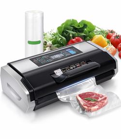 95KPa Commercial Auto Vacuum Sealer w/1 Roll+15 Bags: Dual Heat Seal, Built-in Cutter (Black Silver)