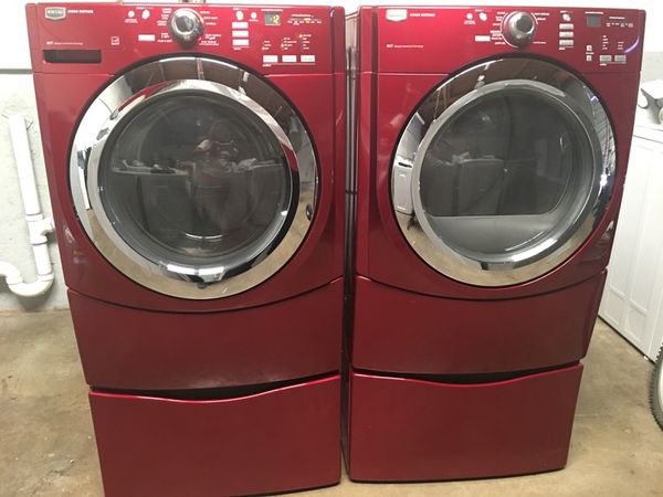 Ruby Red Maytag 3000 Series Washer And Dryer On Pedestals For Open In The Continue To Mobile Website