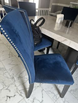 Dining Chairs – Set of 6 (Blue Velvet, Nailhead Trim)