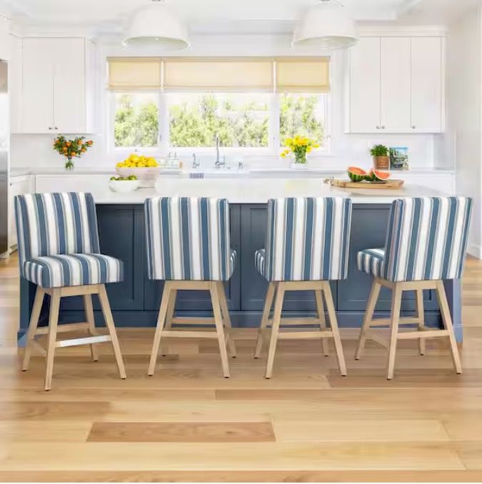 26 in. Swivel Counter Height Bar Stools with Wing-Back Upholstered Swivel Counter Stools with Footrests Set of 4 - Blue/White