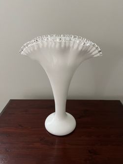 Vintage white milk glass vase with clear fluted edge