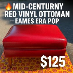 Mid-Century Red Vinyl Ottoman