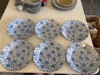 Vintage Set Of 6 Japanese Rice Soup Bowl 9” Porcelain Blue & White Floral Japan