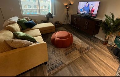 (READ DESCRIPTION) Living Room Set - Couch, Rug, Pouf