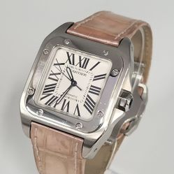 Cartier Square Pink Leather Band Automatic Stainless Steel WR Watch
