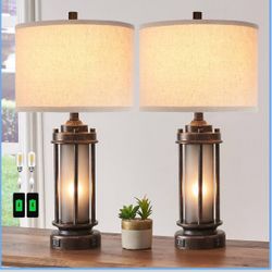 Set of 2 Farmhouse Lamps for Living Room, Rustic Vintage Bedroom Nightstand Table Lamp with 2 USB Charging Ports, Built-In Frosted Glass Night Light f