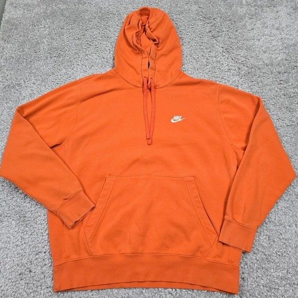 Nike Sportswear Club Fleece Hoodie Mens L Orange Swoosh Spellout Athleisure READ