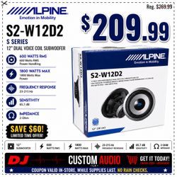 Alpine S Series S2-W12D2 12" Dual Voice Coil Subwoofer 1800 Watts 2-Ohm 🚨 Payment Options Available 🚨 No Credit Needed 🚨
