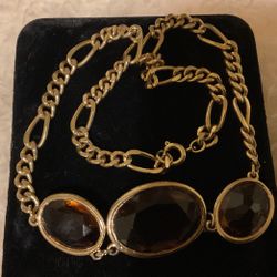 Vintage Goldtone Link Choker Necklace W/oval Shaped Brown Crystal Stones Pendant 