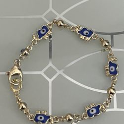 Evil Eye Gold Plated Kids Bracelet With Blue Enamel Elephants 6” 3mm