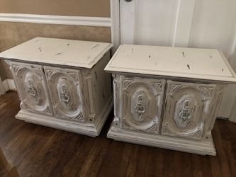 Two antique white solid wood nightstand or end tables
