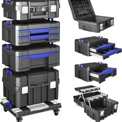 4 Tier Stackable Rolling Tool Box with Wheels | Modular Tool Organizer Box Storage System | Portable Tool Box with Drawers | Tough and Durable | for G