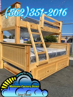 Twin full natural bunk bed with trundle Nuevo new colchones mattresses included