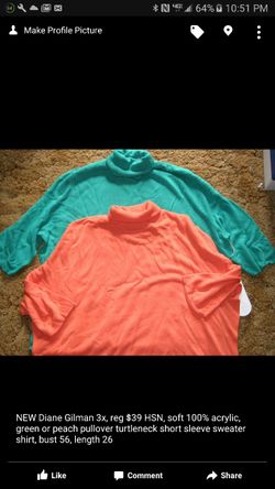 NEW Diane Gilman 3x, reg $39 HSN, now $21 soft 100% acrylic, green or peach pullover turtleneck short sleeve sweater shirt, bust 56, length 26