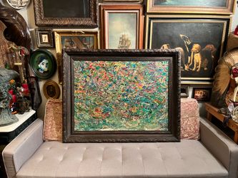 Large Vintage Abstract Painting With Heavy Wood Frame