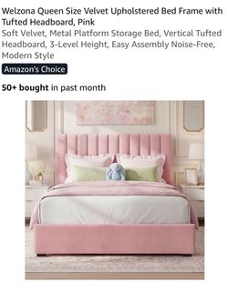 Queen velvet upholstered pink bed frame and headboard