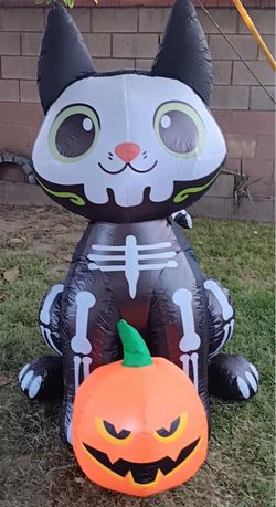 Halloween Inflatable Skeleton Cat with Pumpkin