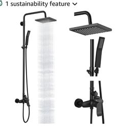Heyalan Matte Black Exposed Shower System 2 Functional Bathroom Shower Set 8 Inch Square Rainfall Shower Head with Hand Sprayer Wall Mounted