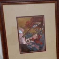 VINTAGE FOIL WORLD WAR AIRPLANE ARTWORK FRAMED 15"×13"