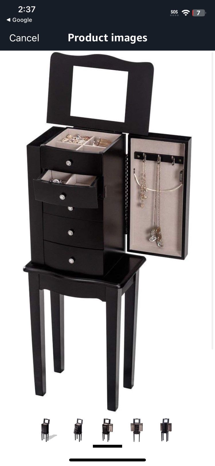 Black Wood 5-Drawer Jewelry Chest Storage Chest Cabinet with Mirror