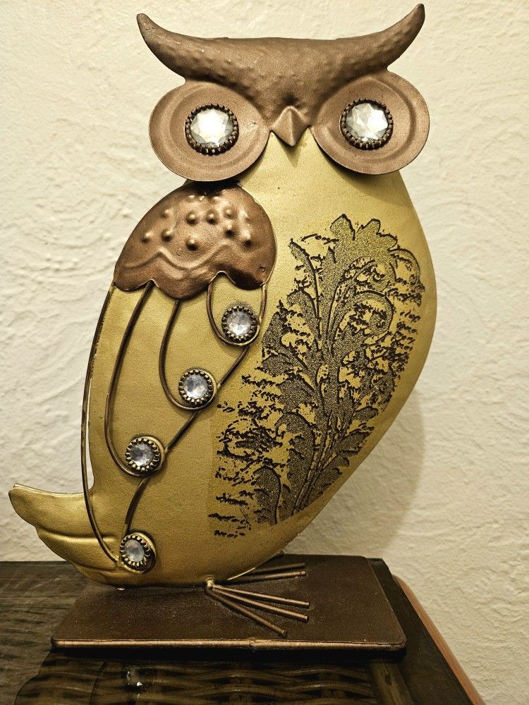 Brass Metal Gold Colored Owl Sculpture Figurine With Diamond Rhinestones Details
