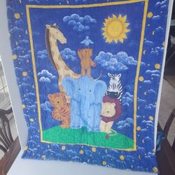 Jungle Animal Handmade Baby Crib Quilt Blanket Reversible Sky Blue Tapestry VTG
