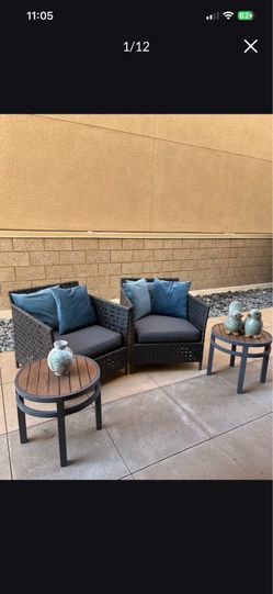 Set of 2 Modern Dark Grey Wicker Patio Armchairs