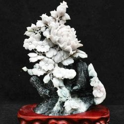 A Masterpiece of Dushan Jade Art: 14.2" Fengshui Flower & Bird Statue