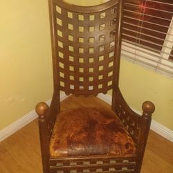 Antique Wooden Rocking Chair With Leather Upholstery 