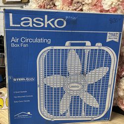 Lasko 20 in. 3 Speed Air Circulating Box Fan for Home in White with Save Smart Technology, 1820 CFM and Carry Handle