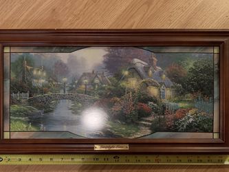 Framed 2004 Bradford Exchange Thomas Kinkade “Lamplight Lane” stain glass.