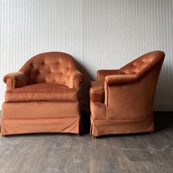 Mid Century Modern Vintage Barrel Back Tufted Burnt Orange Wood Leg Pair Of Chair 