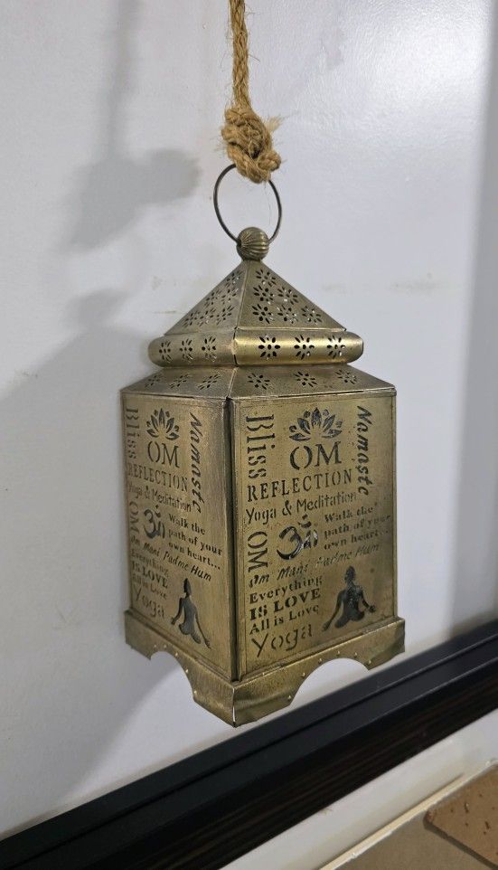 Hindu/Buddistic golden lantern , LANTERN OM GOLD ANTIQUE 12 x 4.5 in.
