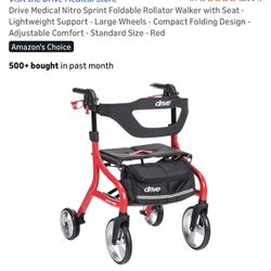 Drive Medical Nitro Sprint Foldable Rollator Walker with Seat - Lightweight Support - Large Wheels - Compact Folding Design - Adjustable Comfort - Sta
