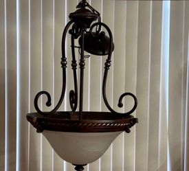 Bronze Scroll Pendant Chandelier with Glass Bowl