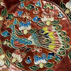 Stunning Vintage Cloisonne Plate Birds Enamel Open Work Red Gold Multicolored 6 1/8” diameter