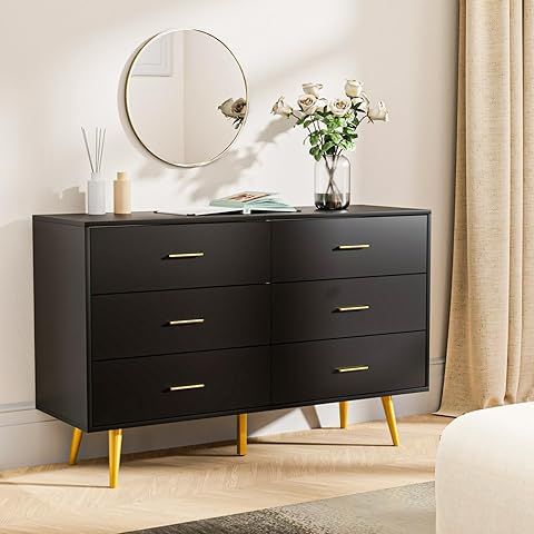 Dresser for Bedroom, 6 Drawer Black Wood Dresser with Golden Handles, Modern Wide Dressers & Chests