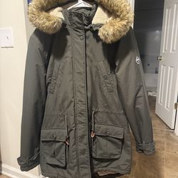 Puffa Original Duvet 1973 Women's Coat Parka Style Fur Hood UK Size 14 Khaki