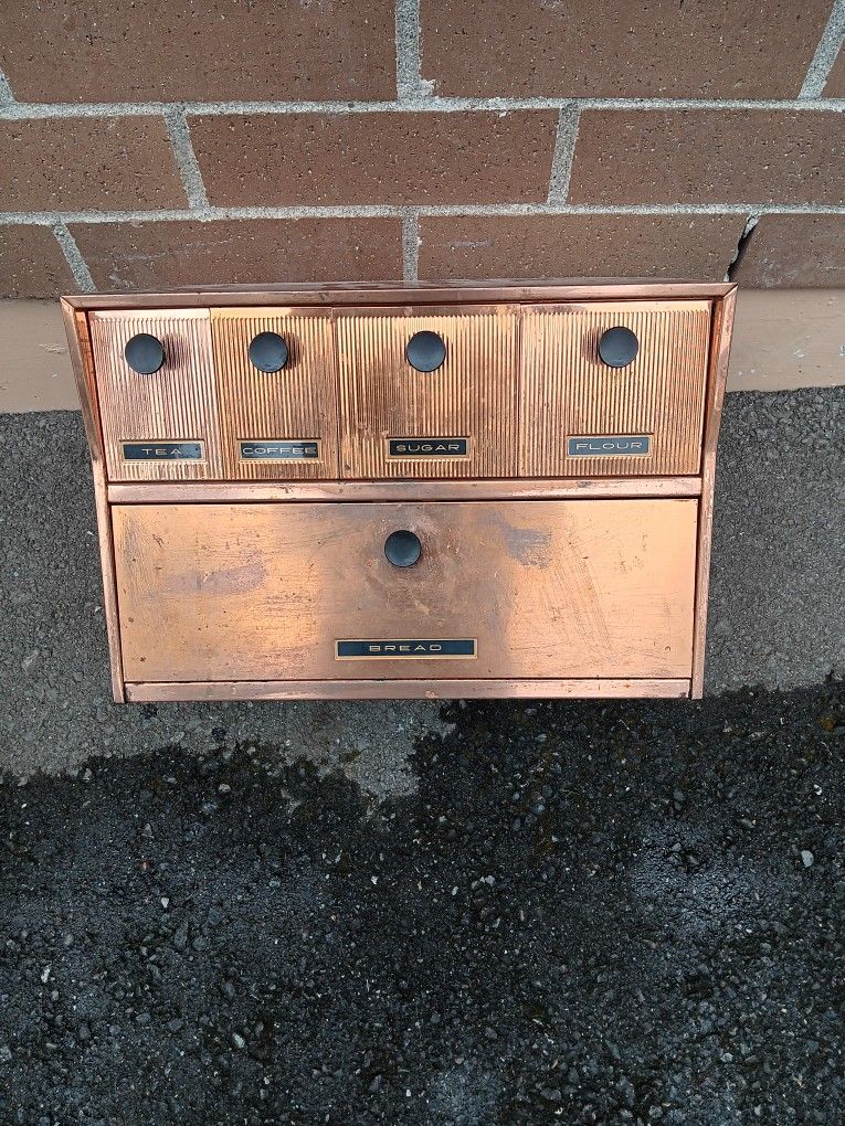 1950's Bread and Tea and coffee and sugar&flour copper box has air vents on each side 18 ins wide by 12 ins high by 10 ins front to back