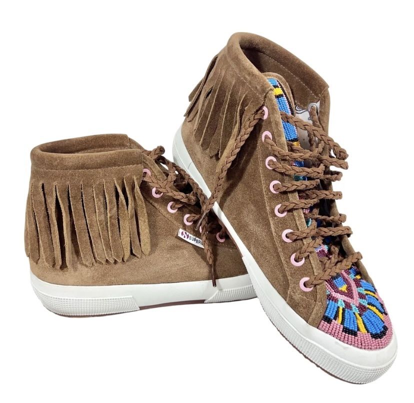 ALANUI x Superga Beaded Mid Top Sneaker Women 9.5 Brown Suede Fringe Italy Used