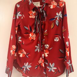 Abercrombie & Fitch Women's Red Floral Tie-Neck Long Sleeve Blouse with Striped Tr