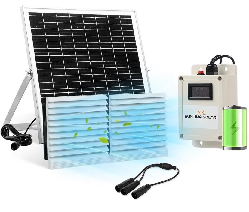 Solar Fan with Battery,20W Solar Panel Powered Fan Kit With Waterproof Dual Exhaust FanS and 9.84ft Switch Cable for Chicken Coops, Sheds, etc