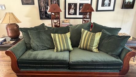Green Velvet Sofa with Wood Frame