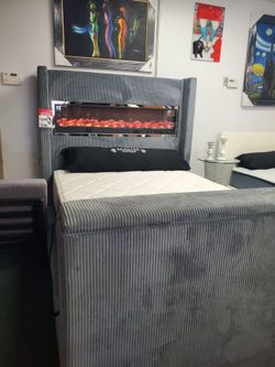 Gray Upholstered Bed TV lift