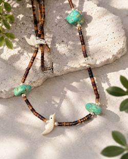 Vintage Southwestern Turquoise Heishi Bead Bird Necklace 16” Boho Artisan 60’s Coral Artwork Jewelry Art Mid Century Era Bohemian Natural Jewelry