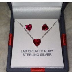 Sterling Silver Heart Jewelry Set With Red Stones