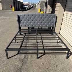 King Size Bed Frame With Gray Headboard. Very Good Condition. 