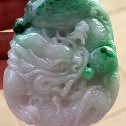Burmese icy type A jadeite jade pendant Dragon Lotus . Certified.