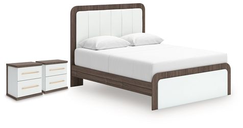 Kendanport Brown/White Queen Upholstered Bed and 2 Nightstands (Online Special Price)